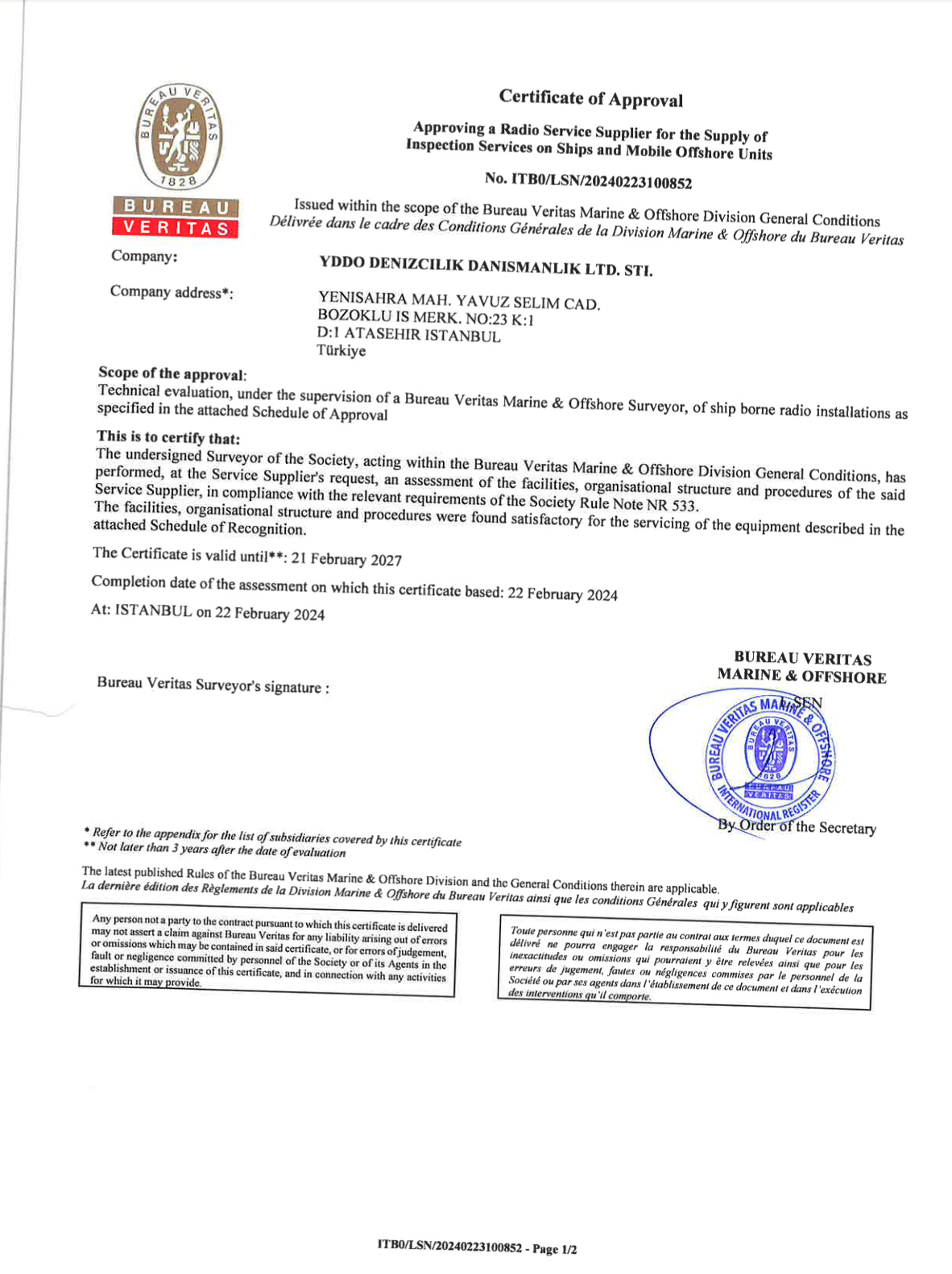 Bureau Veritas Certificate